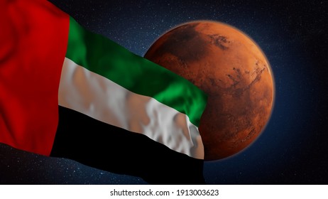 UAE Flag And Mars, Spaceflight Missions Illustration 3d Rendering, United Arab Emirates