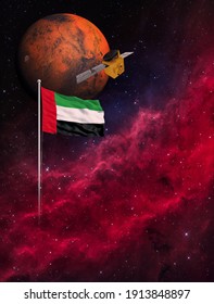 UAE Hope Probe Mission To Mars. 3D Rendering Illustration.