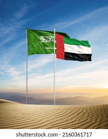 UAE And KSA Flags Against A Desert Background. Illustration.