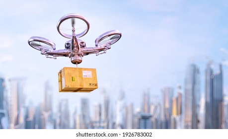 UAV Drone Quadcopter Delivering Post Package Box, Cityscape Background. Robotic Aircraft Quad Drone Copter 3D Model Isolated. Fast Drone Delivery Logistics Service During Coronavirus Covid-19 Pandemic