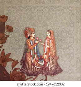 UDAIPUR, RAJASTHAN , INDIA, 23 MARCH 2021 : wedding card design showing a couple in the looks of radha krishna romancing each other