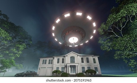 
UFO abducts people over the house. Alien ship shines a beam into the roof of cottage at night. Man and woman fly up the line of light. Mansion in neoclassical or Georgian colonial style. 3d rendering