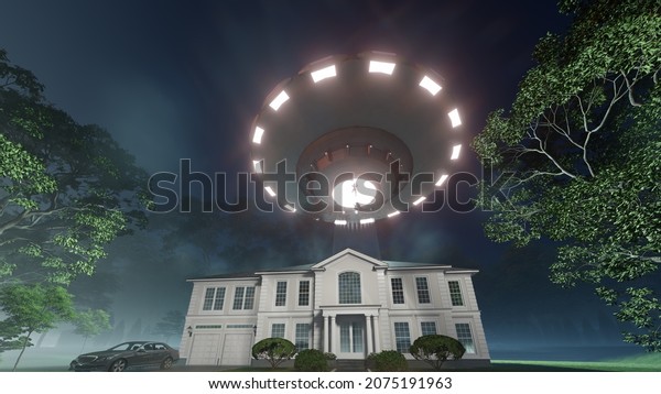 \
UFO abducts people over the house. Alien ship\
shines a beam into the roof of cottage at night. Man and woman fly\
up the line of light. Mansion in neoclassical or Georgian colonial\
style. 3d\
rendering