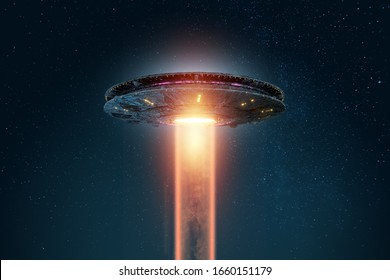 UFO, an alien plate soars in the sky, hovering motionless in the air. Unidentified flying object, alien invasion, extraterrestrial life, space travel, humanoid spaceship 3D render, 3D illustration