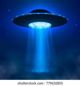 UFO. Alien Spacecraft With Light Beam And Fog. UFO Illustration