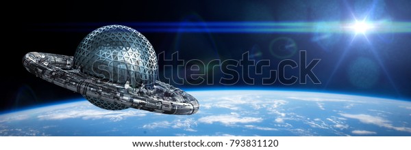 Ufo Alien Spaceship Approaching Planet Earth Stock Illustration ...