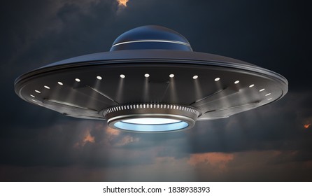 UFO Alien Spaceship At Night. 3D Rendered Illustration.