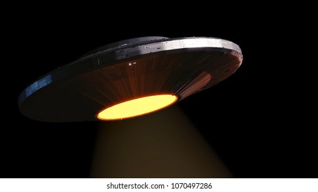 UFO, Alien Spaceship With Tractor Beam, Flying Saucer Isolated On Empty Black Background (3d Space Render)