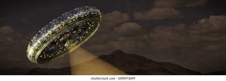 UFO, Alien Spaceship With Tractor Beam Hovering In Night Sky, Mysterious Light Created By Flying Saucer (3d Illustration Banner)
