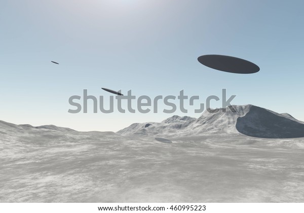 UFO alien spaceships flying over mountains in the
daylight. 3D rendering illustration of three unidentified flying
objects
  
