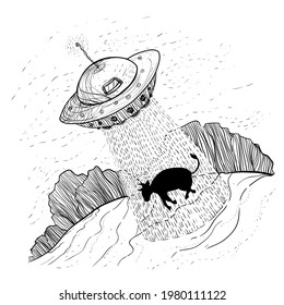 UFO aliens kidnapping, abducts farm cow, near a forest. Dark humor jokes funny picture. Hand drawn sketch illustration - Contemporary street art. Printing on a poster or T-shirt. World UFO Day - Powered by Shutterstock