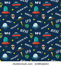 Ufo and aliens Seamless pattern. Cute Doodles space ships sketch. Hand drawn Cartoon illustration. - Powered by Shutterstock