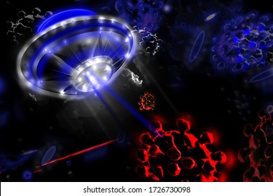 UFO And Coronavirus. Concept Of Covid-19 Global Outbreak Or Panspermia Theory. 3D Render Illustration.