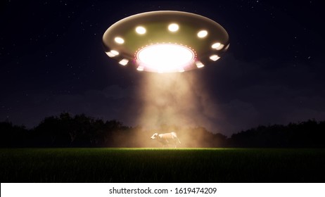 UFO cow in retro style on light background. Country landscape. Alien space ship. Ufo flying spaceship abduction. Village landscape. Cow, flat design. Space background. Flying saucer. 3d render