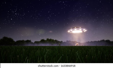 Ufo cow in retro style on light background. Alien space ship. Ufo flying spaceship. Space background. Neon galaxy background. Flying saucer. Sign neon. 3d render