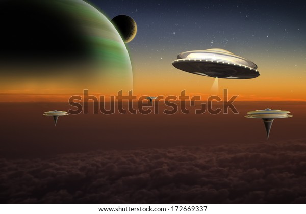 A UFO\
flies over floating cities on an alien\
world.