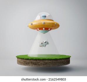 UFO flying with alien and  abduct a cow.3d rendering