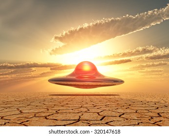 Ufo Flying Over The Desert On Sunset Background