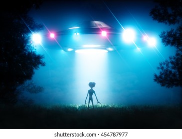 The Ufo Hovering Over The Alien Visitor. 3D Rendering.