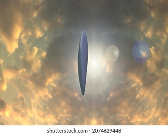 UFO hovers in the sky. 3D rendering.