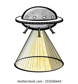 UFO With Tractor Beam. A Children's Sketch. Color Image.