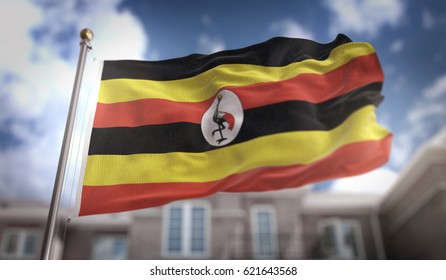 Uganda Flag 3D Rendering On Blue Sky Building Background 