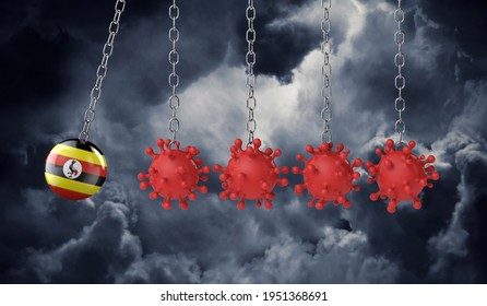 Uganda Flag Ball Hits Into A Line Of Coronavirus Molecules. 3D Rendering