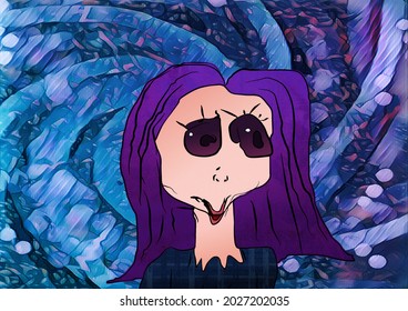Ugly character in a beautiful illustration, with predominant dark purple colors and a swirling background in a surreal style.