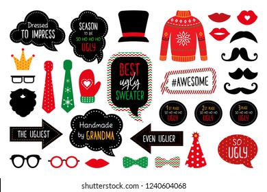 Ugly Christmas Sweater Party  Photo Booth Props. Merry Christmas And Happy New Year Photobooth. Pullover, Jumper, Mask, Mustache, Hat, Glasses, Kiss. Set For Winter Season Masquerade. 