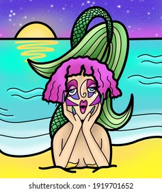 Ugly Mermaid In The Beach. Glam And Drag Art