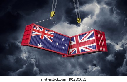 UK And Australia Business Trade Deal. Clashing Cargo Containers. 3D Render