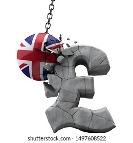 UK Ball Smashing A Pound Sterling Symbol. UK Economy. 3D Render