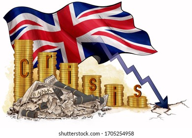 UK Economic Banking Crisis. Money Loss With Down Arrow Stocks Graph, Near Cracked Bank. British Flag, White Background. Concept Bankruptcy,budget Recession.