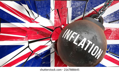 UK England And Inflation That Destroys The Country And Wrecks The Economy. Inflation As A Force Causing Possible Future Decline Of The Nation,3d Illustration