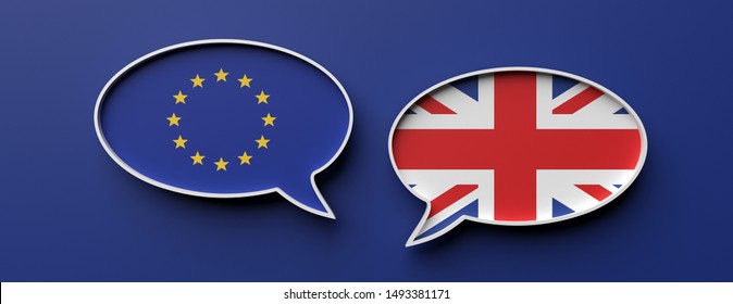 UK and EU brexit, no deal. English and European Union flag speech bubbles against blue background, banner. 3d illustration