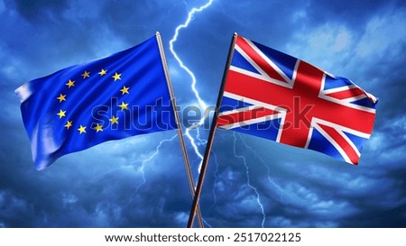 UK and EU flags. Relationship between European union and England. State symbol of great Britain. EU and UK flag on flagpole. United kingdom political differences with European alliance. 3d image