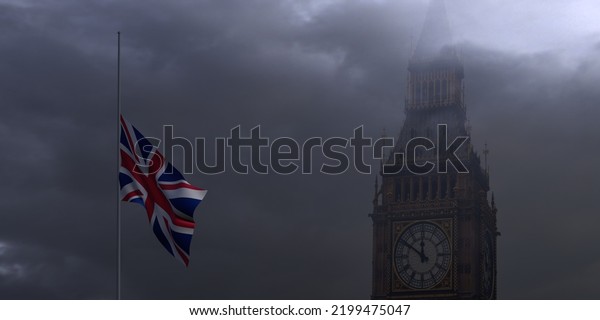 UK flag in half mast and big ben. United\
Kingdom half staff flag against dark dramatic cloudy sky. 3D render\
British flag\
illustration