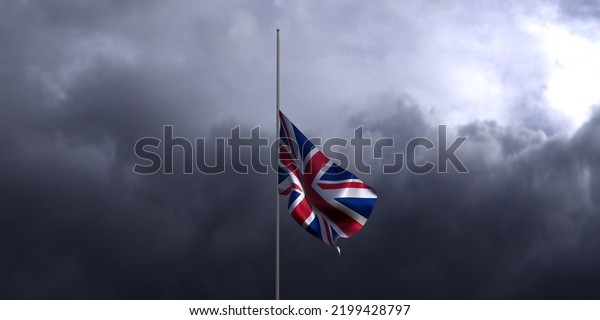 UK flag in half mast. United Kingdom half\
staff flag against dark dramatic cloudy sky. 3D render British flag\
illustration with free space for\
text