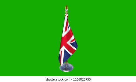 UK flag Isolated Silk desktop flag on metal rack of United Kingdom made fabric with wooden flagpole golden spear on green background isolate up view Flags G20 G7 countries 3d illustration - Powered by Shutterstock