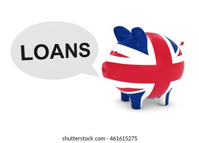 UK Flag Piggy Bank With Loans Text Speech Bubble 3D Illustration