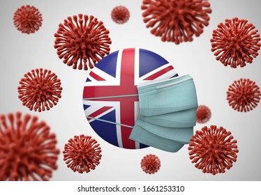 UK Flag With Protective Face Mask. Coronavirus Concept. 3D Render