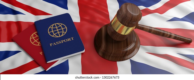 UK Immigration Law. Two Passports And A Judge Gavel On United Kingdom Flag Background, Banner. 3d Illustration