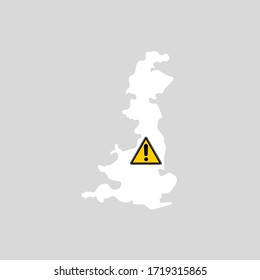 UK Map With Caution Sign. Travel Ban. Immigration, Health, Business Risk And Danger In United Kingdom During Covid 19 Coronavirus Pandemic Concept Illustration
