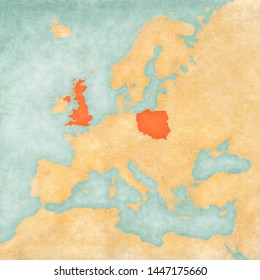 UK And Poland On The Map Of Europe In Soft Grunge And Vintage Style, Like Old Paper With Watercolor Painting. 