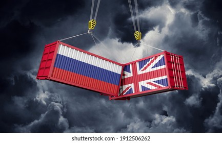 UK And Russia Business Trade Deal. Clashing Cargo Containers. 3D Render