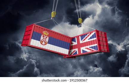 UK And Serbia Business Trade Deal. Clashing Cargo Containers. 3D Render