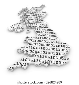 UK Technology Industry Concept Image - 3D Outline Of The United Kingdom Textured With Black And White Binary Code