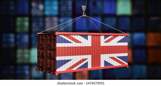 UK trade, export, import concept. United kingdom flag container, port containers background. 3d illustration