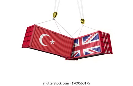 UK And Turkey Business Trade Deal. Clashing Cargo Containers. 3D Render