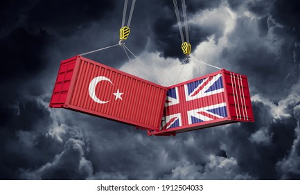 UK And Turkey Business Trade Deal. Clashing Cargo Containers. 3D Render